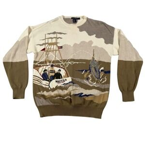 Nautica Vintage 90s Gold Coast Fishing Marlin Intarsia Knit Sweater XL Cotton